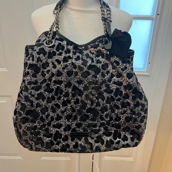 Betsey Johnson Handbags - Betsey Johnson Leopard Print Purse with Sequins and Black Heart
